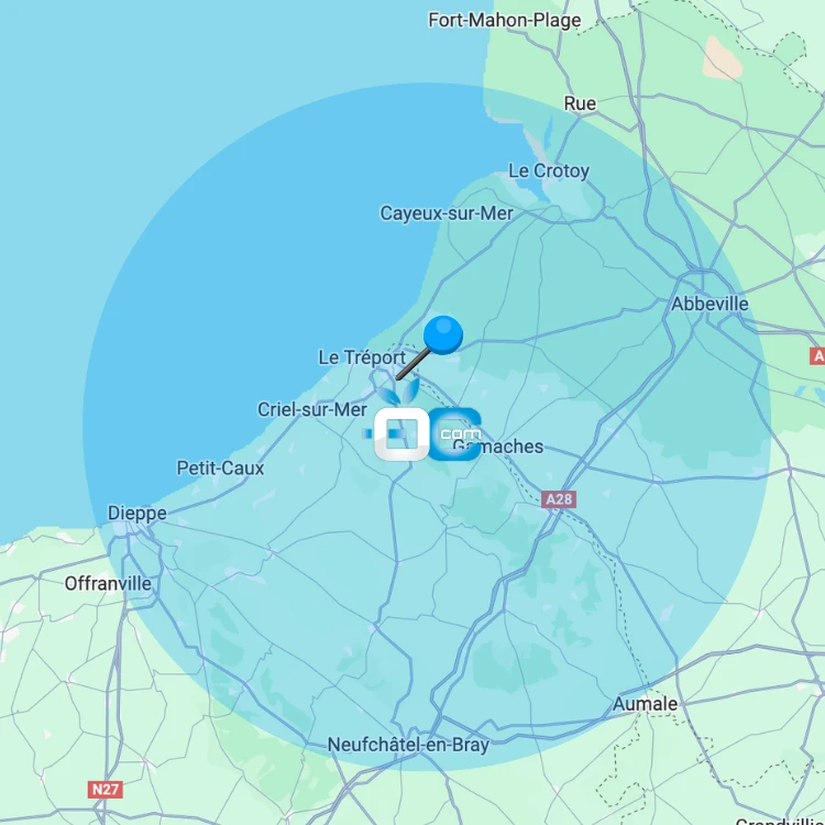 Carte de la zone de chalandise de OC COM. Allant de Dieppe jusqu'à Abbeville